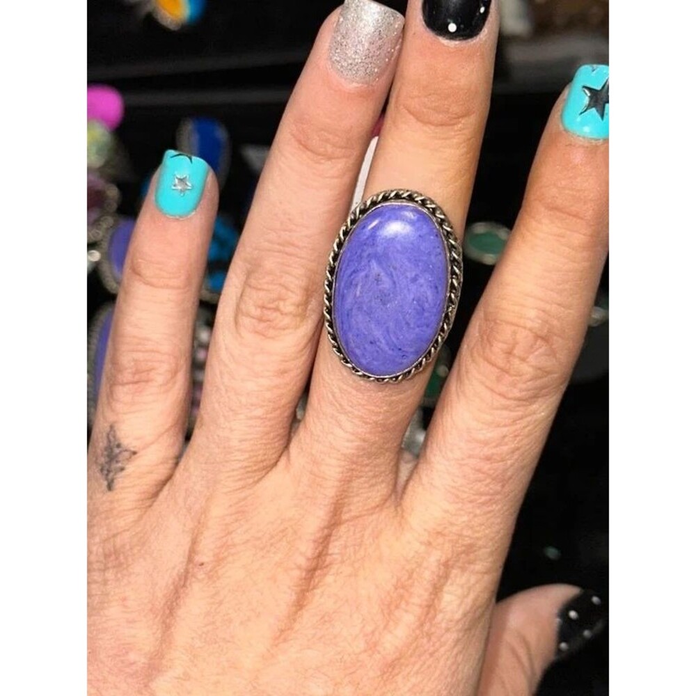 Purple Charoite Oval Sterling Silver Overlay Ring Size 8